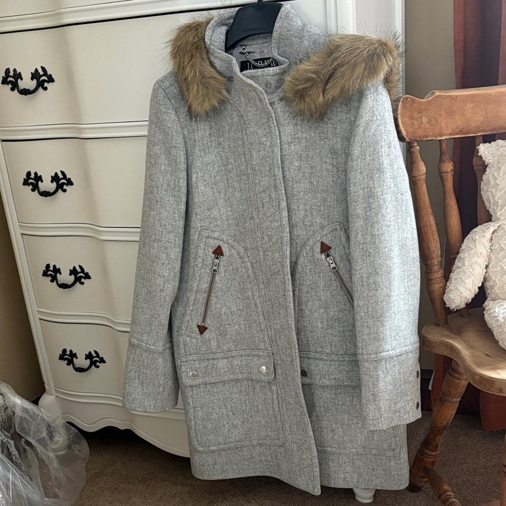 NWT J. Crew Light Gray Peacoat with Faux Fur Hood